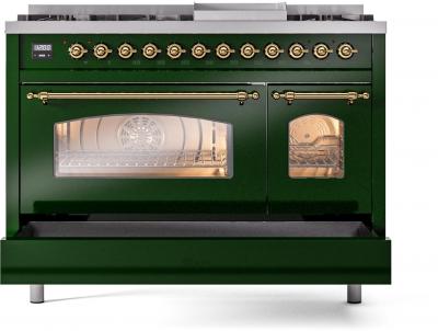 48" ILVE Nostalgie II Dual Fuel Liquid Propane Freestanding Range in Emerald Green with Brass Trim - UP48FNMP/EGG LP