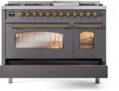 48" ILVE Nostalgie II Dual Fuel Natural Gas Freestanding Range in Matte Graphite with Brass Trim - UP48FNMP/MGG NG