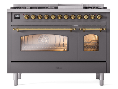 48" ILVE Nostalgie II Dual Fuel Natural Gas Freestanding Range in Matte Graphite with Brass Trim - UP48FNMP/MGG NG