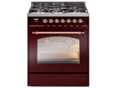 30" ILVE Nostalgie II Dual Fuel Natural Gas Freestanding Range in Burgundy with Copper Trim - UP30NMP/BUP NG