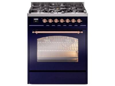 30" ILVE Nostalgie II Dual Fuel Natural Gas Freestanding Range in Blue with Copper Trim - UP30NMP/MBP NG
