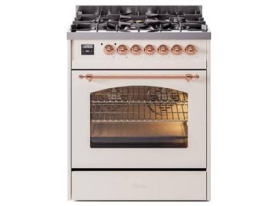 30" ILVE Nostalgie II Dual Fuel Natural Gas Freestanding Range in Antique White with Copper Trim - UP30NMP/AWP NG
