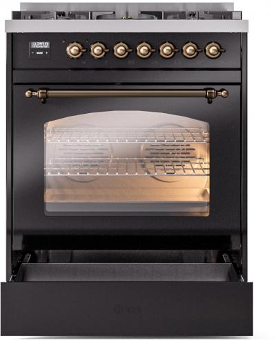 30" ILVE Nostalgie II Dual Fuel Natural Gas Freestanding Range in Glossy Black with Bronze Trim - UP30NMP/BKB NG