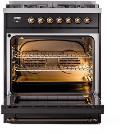 30" ILVE Nostalgie II Dual Fuel Natural Gas Freestanding Range in Glossy Black with Bronze Trim - UP30NMP/BKB NG