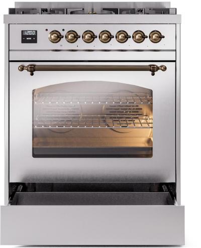 30" ILVE Nostalgie II Dual Fuel Natural Gas Freestanding Range in Stainless Steel with Bronze Trim - UP30NMP/SSB NG