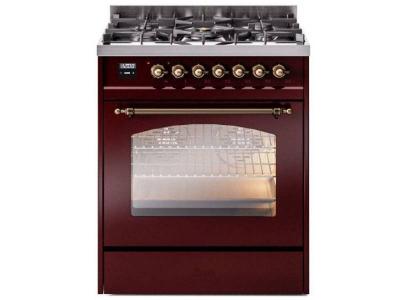 30" ILVE Nostalgie II Dual Fuel Liquid Propane Freestanding Range in Burgundy with Bronze Trim - UP30NMP/BUB LP