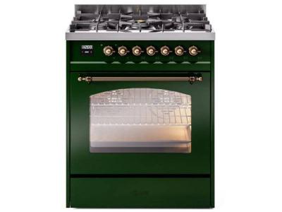 30" ILVE Nostalgie II Dual Fuel Liquid Propane Freestanding Range in Emerald Green with Bronze Trim - UP30NMP/EGB LP