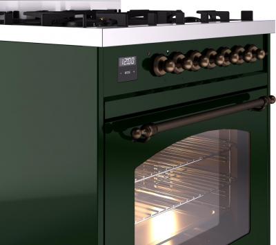 30" ILVE Nostalgie II Dual Fuel Liquid Propane Freestanding Range in Emerald Green with Bronze Trim - UP30NMP/EGB LP