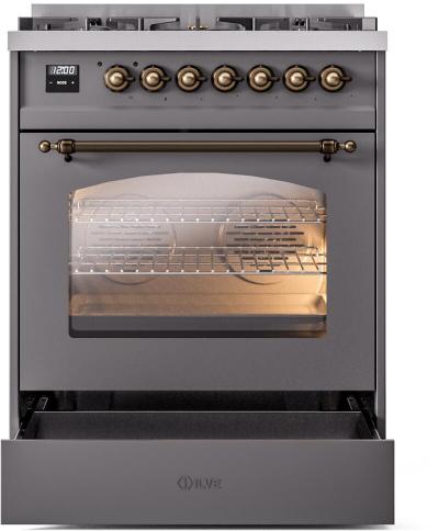 30" ILVE Nostalgie II Dual Fuel Liquid Propane Freestanding Range in Matte Graphite with Bronze Trim - UP30NMP/MGB LP