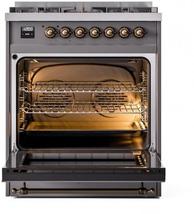 30" ILVE Nostalgie II Dual Fuel Liquid Propane Freestanding Range in Matte Graphite with Bronze Trim - UP30NMP/MGB LP