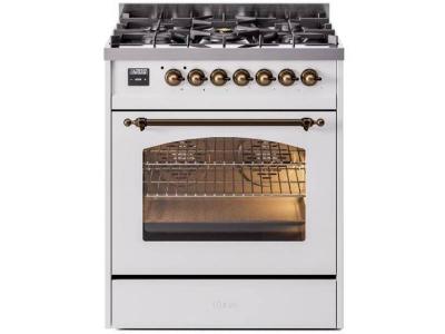 30" ILVE Nostalgie II Dual Fuel Liquid Propane Freestanding Range in White with Bronze Trim - UP30NMP/WHB LP