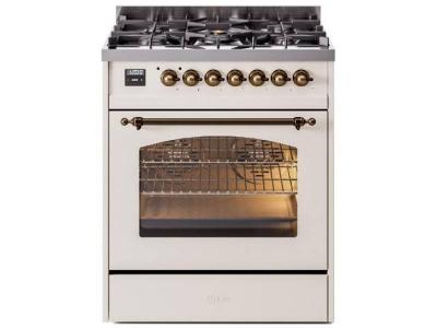 30" ILVE Nostalgie II Dual Fuel Liquid Propane Freestanding Range in Antique White with Bronze Trim - UP30NMP/AWB LP