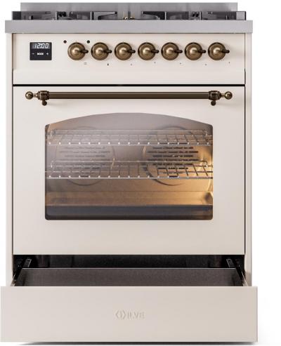 30" ILVE Nostalgie II Dual Fuel Liquid Propane Freestanding Range in Antique White with Bronze Trim - UP30NMP/AWB LP