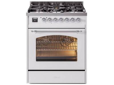 30" ILVE Nostalgie II Dual Fuel Liquid Propane Freestanding Range in  White with Chrome Trim - UP30NMP/WHC LP