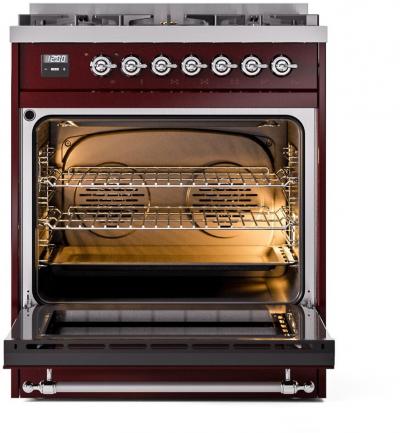 30" ILVE Nostalgie II Dual Fuel Liquid Propane Freestanding Range in Burgundy with Chrome Trim - UP30NMP/BUC LP