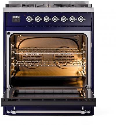 30" ILVE Nostalgie II Dual Fuel Liquid Propane Freestanding Range in Blue with Chrome Trim - UP30NMP/MBC LP