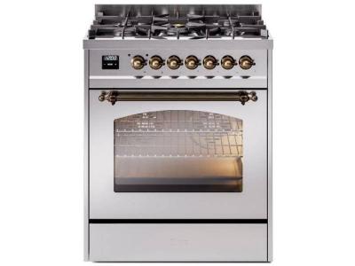 30" ILVE Nostalgie II Dual Fuel Liquid Propane Freestanding Range in Stainless Steel with Bronze Trim - UP30NMP/SSB LP