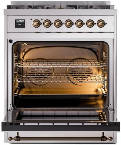 30" ILVE Nostalgie II Dual Fuel Liquid Propane Freestanding Range in Stainless Steel with Bronze Trim - UP30NMP/SSB LP