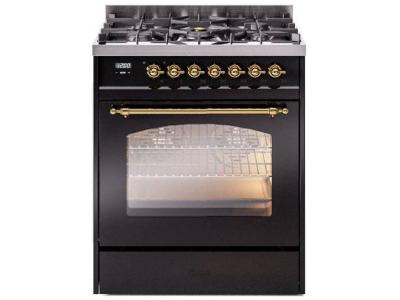 30" ILVE Nostalgie II Dual Fuel Natural Gas Freestanding Range in Glossy Black with Brass Trim - UP30NMP/BKG NG