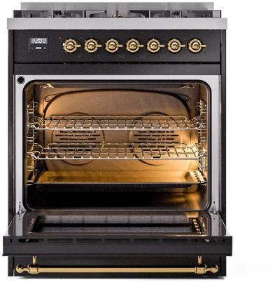 30" ILVE Nostalgie II Dual Fuel Natural Gas Freestanding Range in Glossy Black with Brass Trim - UP30NMP/BKG NG