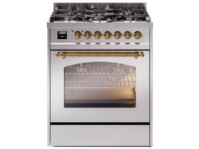 30" ILVE Nostalgie II Dual Fuel Natural Gas Freestanding Range in Stainless Steel with Brass Trim - UP30NMP/SSG NG