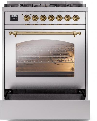 30" ILVE Nostalgie II Dual Fuel Natural Gas Freestanding Range in Stainless Steel with Brass Trim - UP30NMP/SSG NG