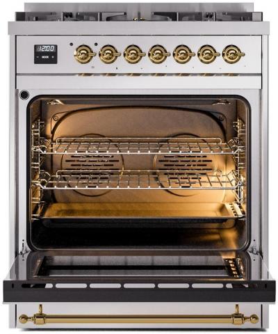 30" ILVE Nostalgie II Dual Fuel Natural Gas Freestanding Range in Stainless Steel with Brass Trim - UP30NMP/SSG NG