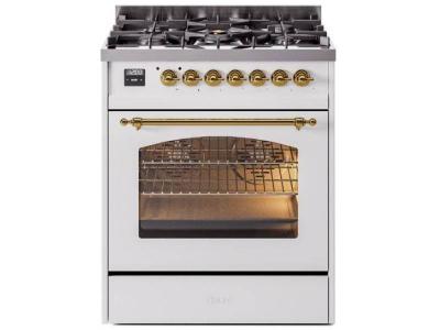 30" ILVE Nostalgie II Dual Fuel Natural Gas Freestanding Range in White with Brass Trim - UP30NMP/WHG NG