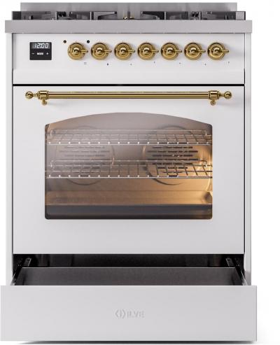 30" ILVE Nostalgie II Dual Fuel Natural Gas Freestanding Range in White with Brass Trim - UP30NMP/WHG NG