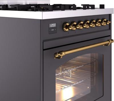 30" ILVE Nostalgie II Dual Fuel Natural Gas Freestanding Range in Matte Graphite with Brass Trim - UP30NMP/MGG NG
