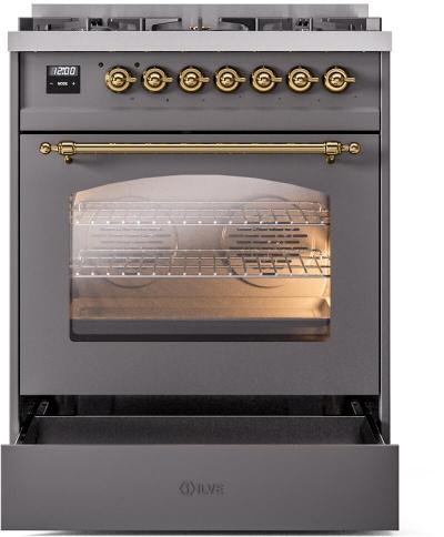 30" ILVE Nostalgie II Dual Fuel Natural Gas Freestanding Range in Matte Graphite with Brass Trim - UP30NMP/MGG NG