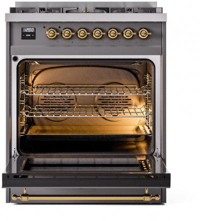 30" ILVE Nostalgie II Dual Fuel Natural Gas Freestanding Range in Matte Graphite with Brass Trim - UP30NMP/MGG NG