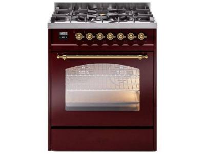 30" ILVE Nostalgie II Dual Fuel Natural Gas Freestanding Range in Burgundy with Brass Trim - UP30NMP/BUG NG