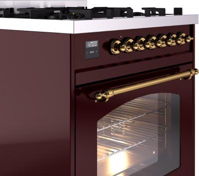 30" ILVE Nostalgie II Dual Fuel Natural Gas Freestanding Range in Burgundy with Brass Trim - UP30NMP/BUG NG