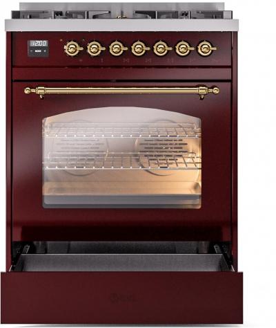 30" ILVE Nostalgie II Dual Fuel Natural Gas Freestanding Range in Burgundy with Brass Trim - UP30NMP/BUG NG