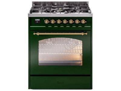 30" ILVE Nostalgie II Dual Fuel Natural Gas Freestanding Range in Emerald Green with Brass Trim - UP30NMP/EGG NG