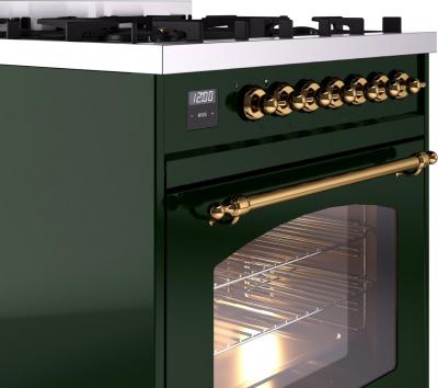 30" ILVE Nostalgie II Dual Fuel Natural Gas Freestanding Range in Emerald Green with Brass Trim - UP30NMP/EGG NG