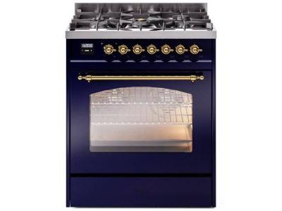 30" ILVE Nostalgie II Dual Fuel Natural Gas Freestanding Range in Blue with Brass Trim - UP30NMP/MBG NG