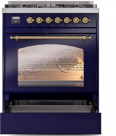 30" ILVE Nostalgie II Dual Fuel Natural Gas Freestanding Range in Blue with Brass Trim - UP30NMP/MBG NG