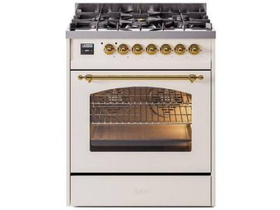 30" ILVE Nostalgie II Dual Fuel Natural Gas Freestanding Range in Antique White with Brass Trim - UP30NMP/AWG NG