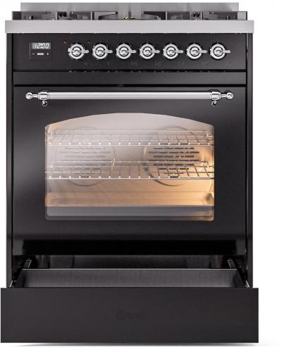 30" ILVE Nostalgie II Dual Fuel Liquid Propane Freestanding Range in Glossy Black with Chrome Trim - UP30NMP/BKC LP