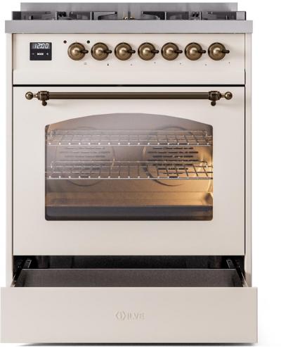 30" ILVE Nostalgie II Dual Fuel Natural Gas Freestanding Range in Antique White with Bronze Trim - UP30NMP/AWB NG