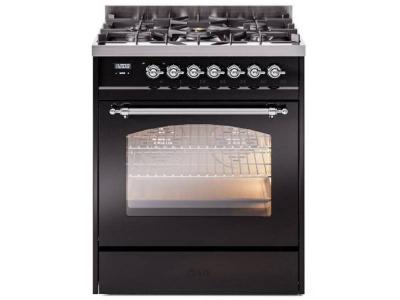 30" ILVE Nostalgie II Dual Fuel Natural Gas Freestanding Range in Glossy Black with Chrome Trim - UP30NMP/BKC NG