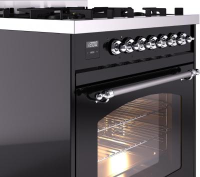 30" ILVE Nostalgie II Dual Fuel Natural Gas Freestanding Range in Glossy Black with Chrome Trim - UP30NMP/BKC NG