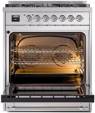 30" ILVE Nostalgie II Dual Fuel Natural Gas Freestanding Range in Stainless Steel with Chrome Trim - UP30NMP/SSC NG