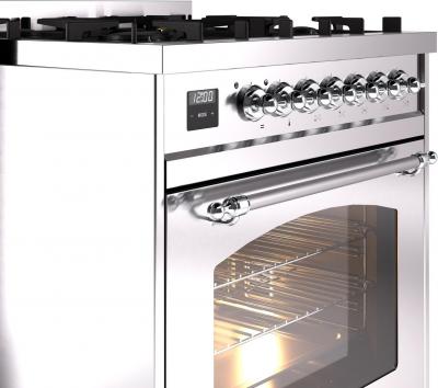 30" ILVE Nostalgie II Dual Fuel Natural Gas Freestanding Range in White with Chrome Trim - UP30NMP/WHC NG