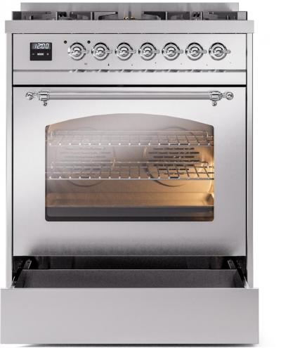 30" ILVE Nostalgie II Dual Fuel Natural Gas Freestanding Range in White with Chrome Trim - UP30NMP/WHC NG