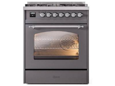 30" ILVE Nostalgie II Dual Fuel Natural Gas Freestanding Range in Matte Graphite with Chrome Trim - UP30NMP/MGC NG