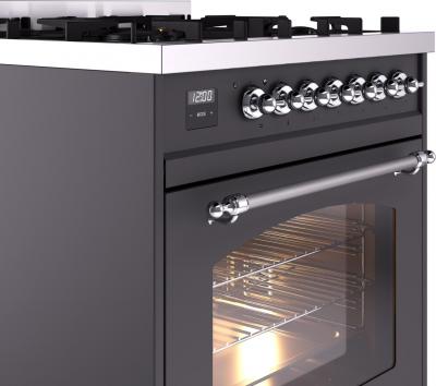 30" ILVE Nostalgie II Dual Fuel Natural Gas Freestanding Range in Matte Graphite with Chrome Trim - UP30NMP/MGC NG