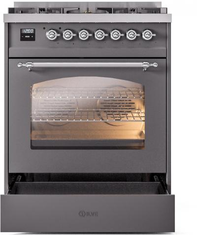 30" ILVE Nostalgie II Dual Fuel Natural Gas Freestanding Range in Matte Graphite with Chrome Trim - UP30NMP/MGC NG